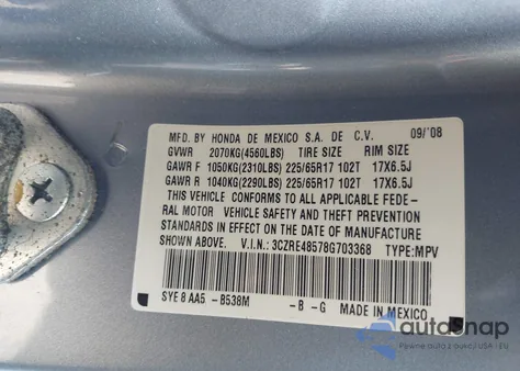 2008 Honda Cr-V Ex z USA, uszkodzony, nr VIN 3CZRE48578G703368